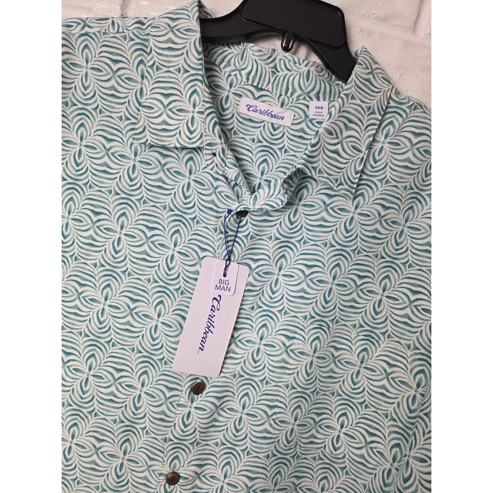 Caribbean Men's size 4XB Big Man shirt Modal short sleeve White Green NWT